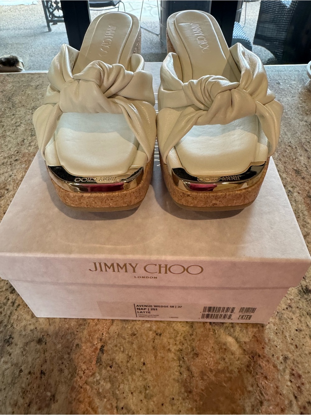 Jimmy Choo Cream Knotted Cork Wedge Sandals with Gold Trim NEVER WORN